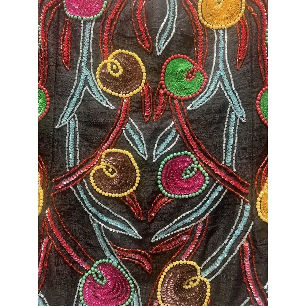 VTG Beaded Silk Beaded Sequin Scallop Hem Festival Shirt Top Sz M Bling Boho - Picture 2 of 6
